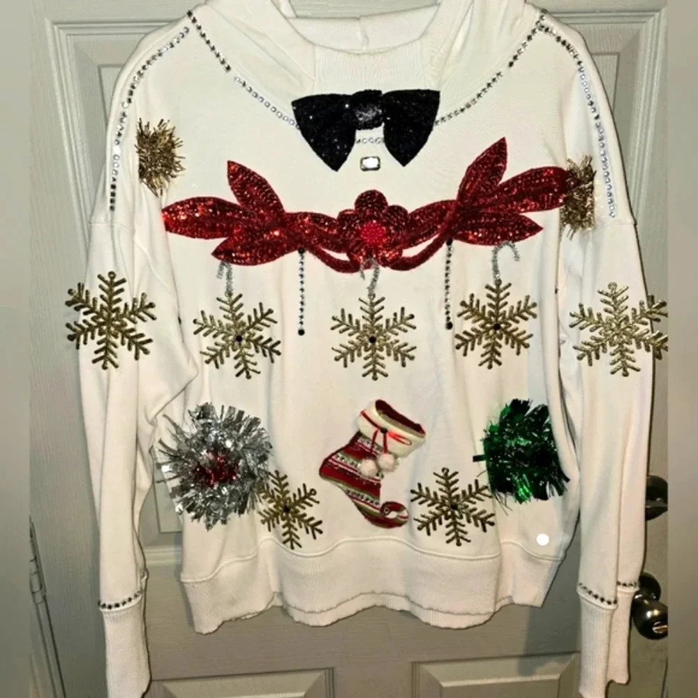 1 of a Kind Custom Handmade Ugly Christmas Sweater Hoodie Sequins Women's XL XXL